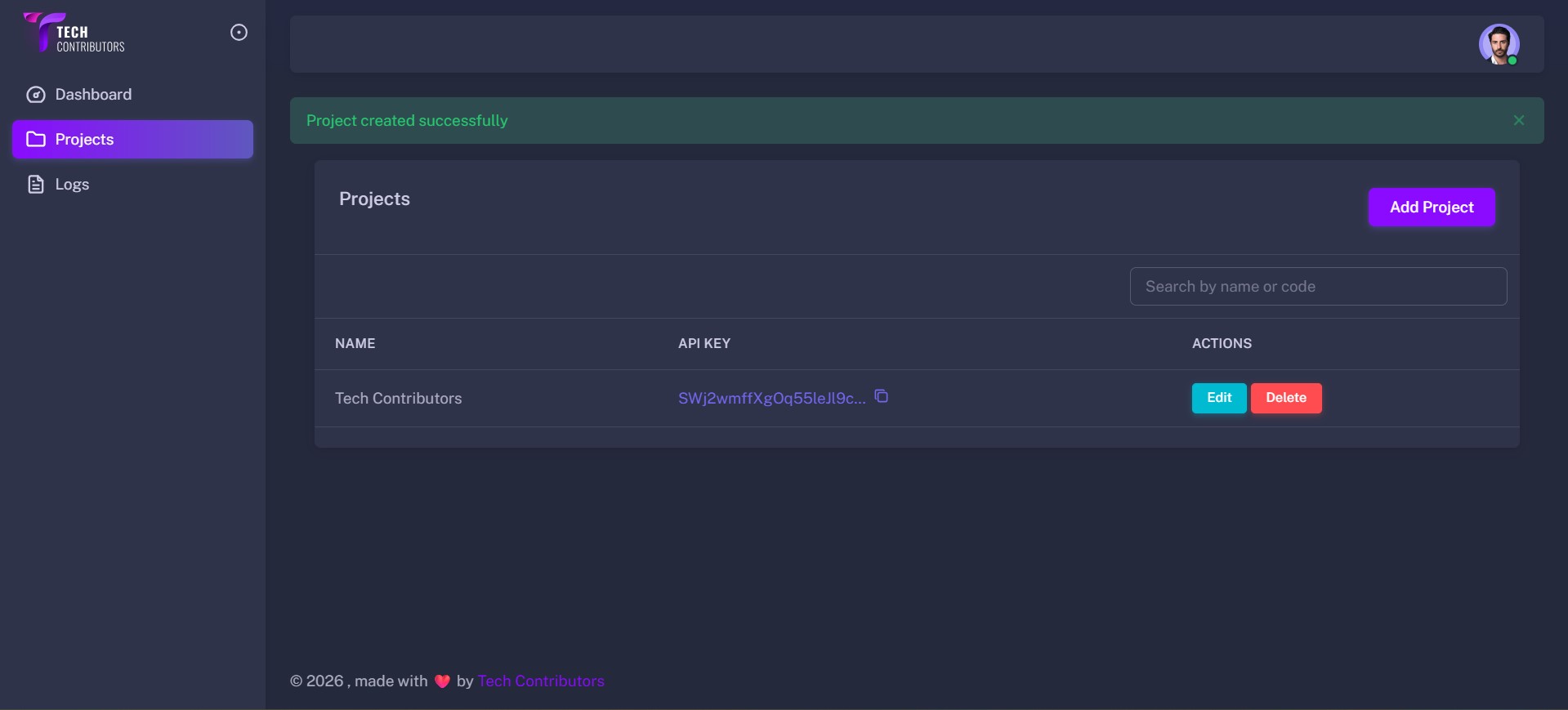 Create project in LogPulse dashboard